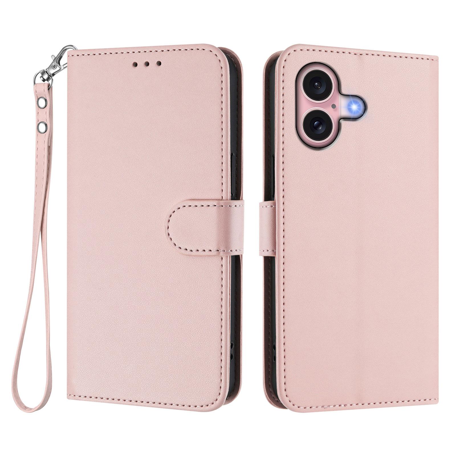 

For iPhone 16 Leather Case Wallet Stand Phone Cover with Wrist Strap F