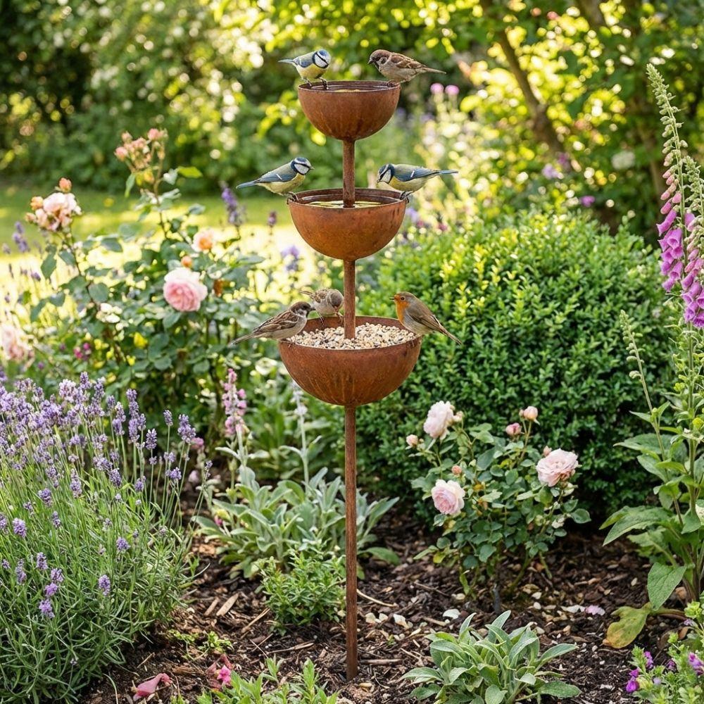 3-Tier Bowl Bird Water Dispenser Vintage Iron Garden Rain Catcher Courtyard Decor