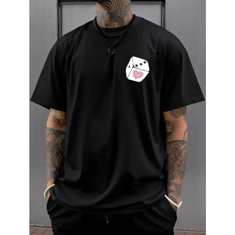 Men's Casual Short Sleeve T-Shirt with Heart Dice Print - Summer Round Neck Top, Regular Fit Tee Suitable for Daily Wear & Gaming Events