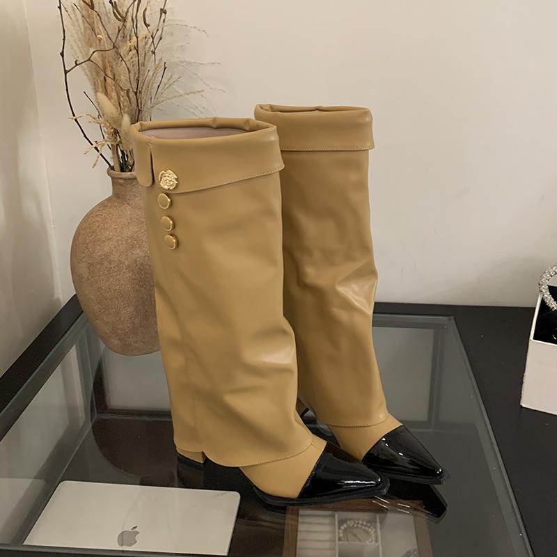 

Mi Ting Xiaoxiangfeng thick heel high boots trouser boots British knight boots 2025 autumn and winter thin medium heel boots women 39 хаки