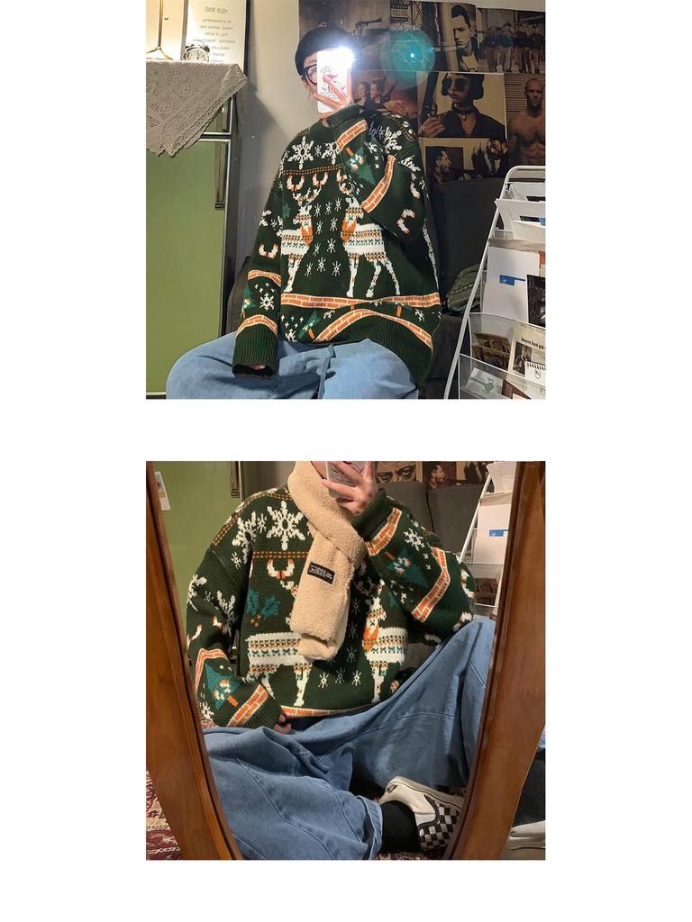 Men's Winter Hong Kong Style Loose Fit Christmas Sweater - Casual Pullover for Couples