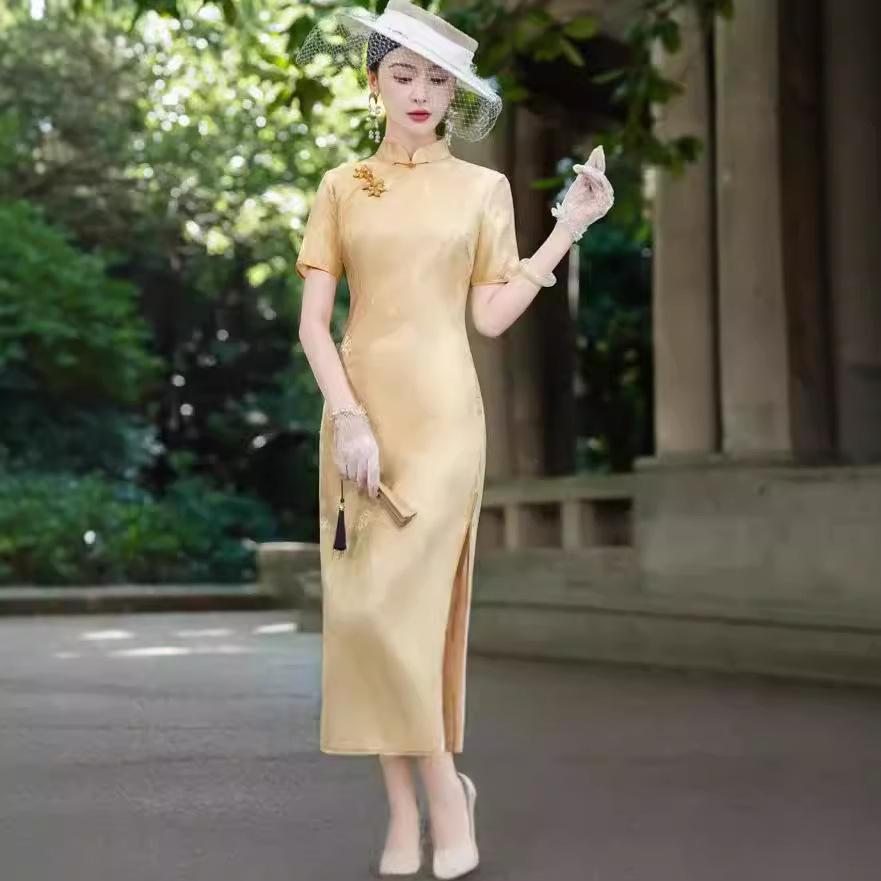High-end mulberry silk cheongsam 1011 new retro new Chinese silk elegant temperament long bridal wedding dress