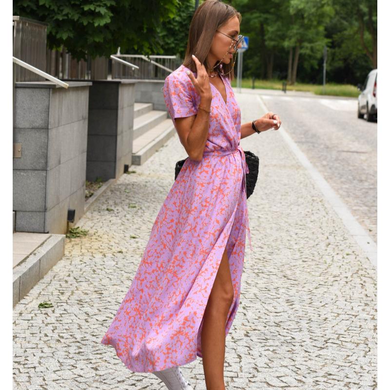 Summer Short Sleeve Vintage Print Sexy Women Dresses Casual Elegant Slim Fit V Neck Floral Long Dress Women High Waist Lace-up Party Club Dress 26101