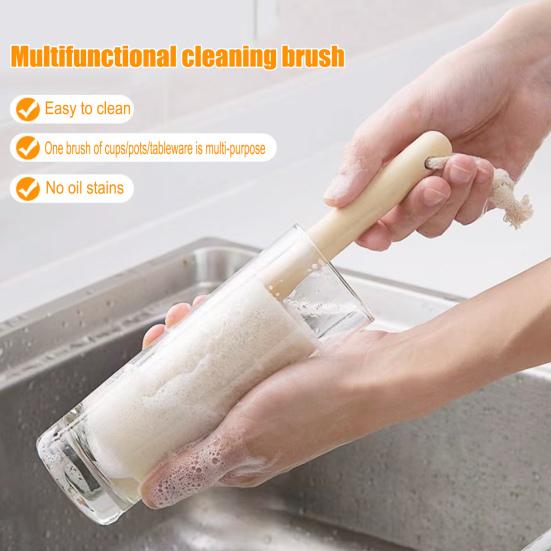 Wooden Handle Cup Brush Natural Loofah Bristles Long Thin Handle Bottles Glassware Scrubber with Lanyard Design