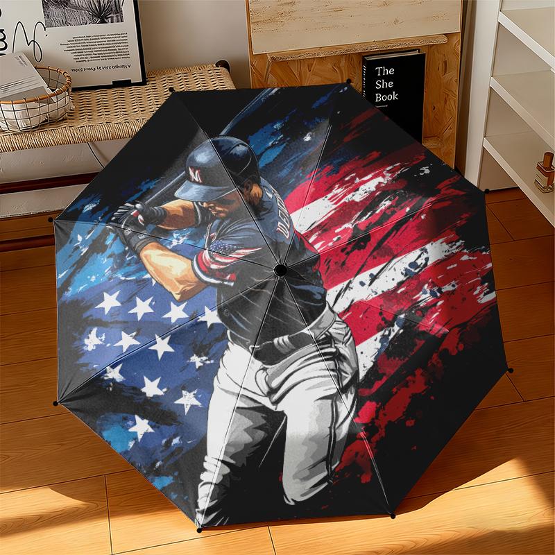 1pc American flag, baseball, and guitar Umbrella Portable Folding Umbrella Iron Frame Hole Bone Structure Outdoor Home Umbrella