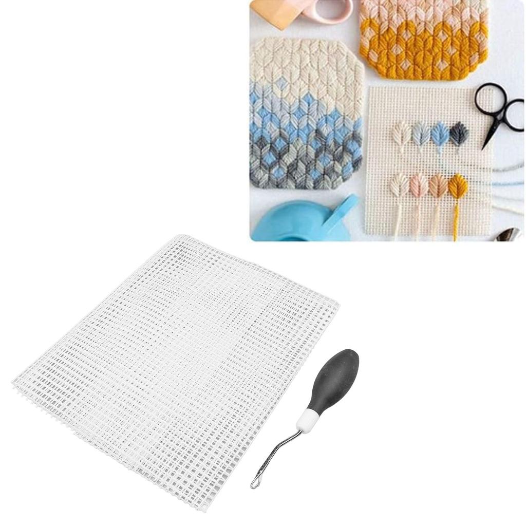 Hook Tool and Rug Hooking Mesh Kit Rubber Handle Bent Hook Crochet Needle 50x50cm Mesh Fabric for Crafts