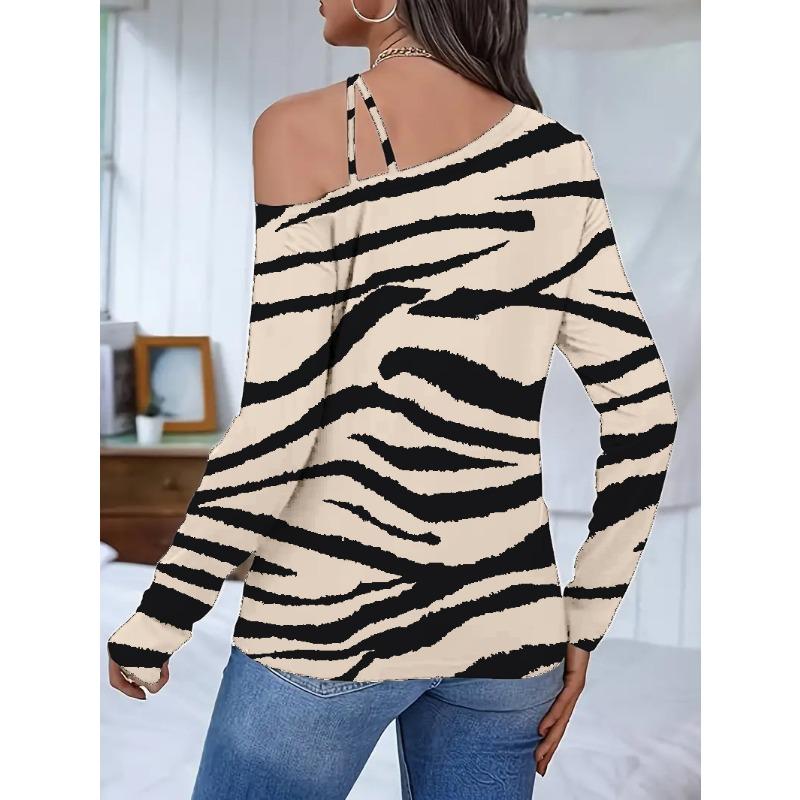 Women's Fashion Casual Spring Autumn Zebra Print Long Sleeve Oblique Collar Blouses & Shirts
