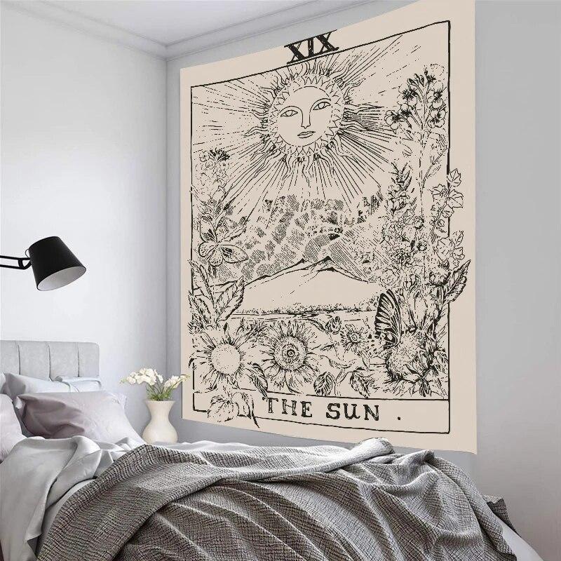 Mandala Karta Tarota Gobelin Wisząca na Ścianie Gobelin Słońce Księżyc Astrologia Czary Wróżenie Tkanina Dywan Dekoracja Domu