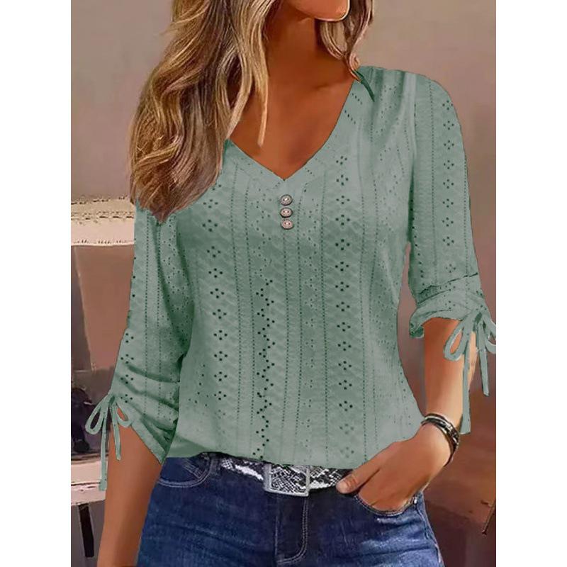 

2024 Autumn/Winter European & American Solid Color Jacquard Button Long Sleeve T-shirt Top L
