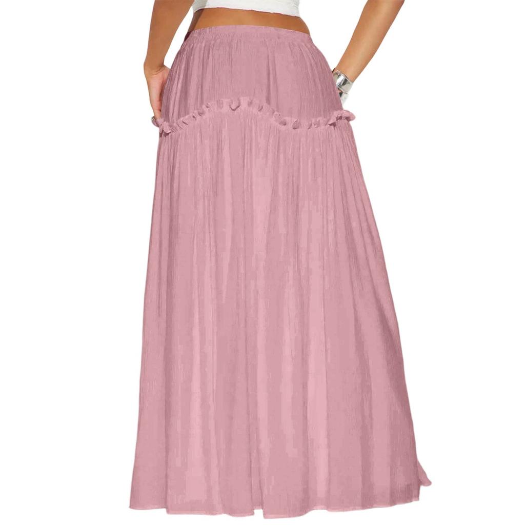 Women's Casual High Waist Maxi Skirt Elastic Waistband Solid Color Ruffle Hem Stretchy Bodycon Skirt for Daily Wear