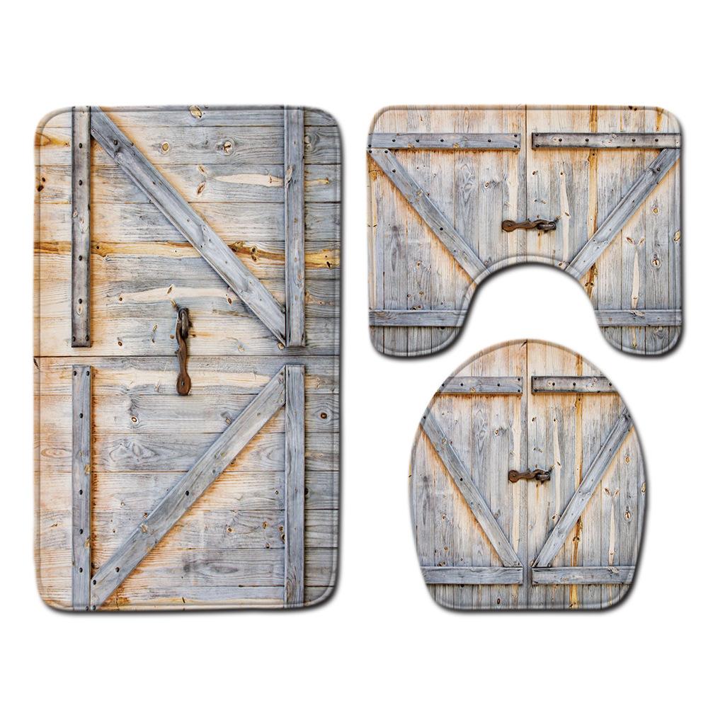 Wood Grain Board Texture Toilet Carpet Set Bathroom Non-Slip Floor Mat Doormat