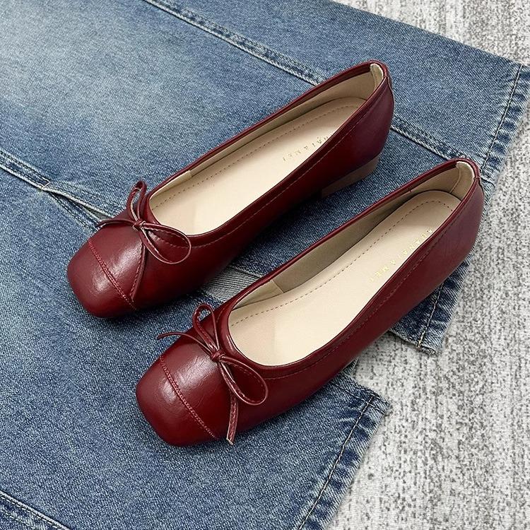 Black Red Bow Mary Jane Ballet Flats for Women – Soft Sole, Low Heel, Low-Cut