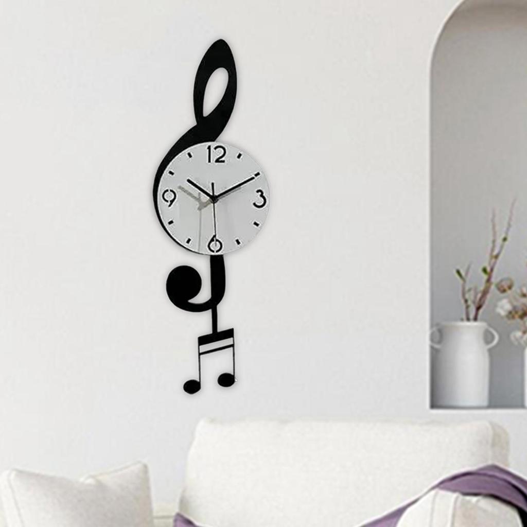 Music Note Wall Clock Quiet Acrylic Easy Read Decorative with Pendulum No Ticking for Cafe Kitchen Farmhouse Bathroom Home