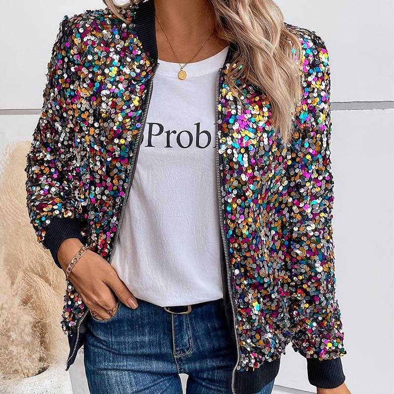Modische Europäische & Amerikanische Paillettenjacke: Stilvolles Frühlings-/Herbst-Langarm-Damenoberteil mit farbigen Perlenpailletten Small gray