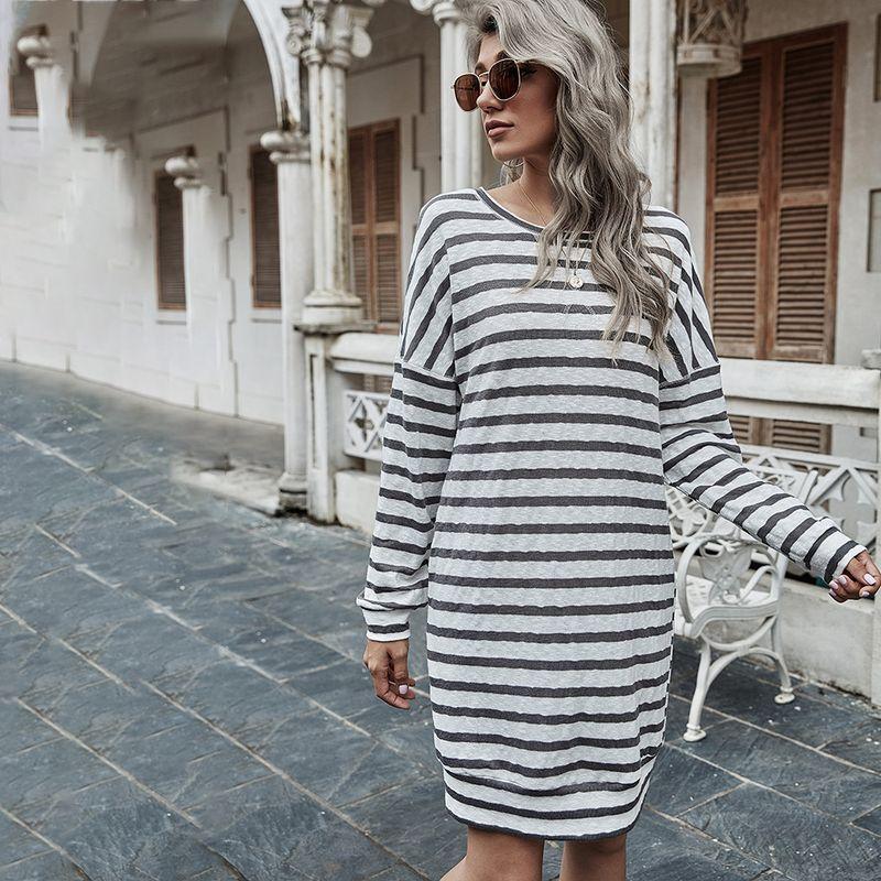 

European Station Spring and Autumn New Student Crew Neck Striped Pattern Pocket Loose Casual Long Sleeves Dress Women Dress Picture Color 3XL