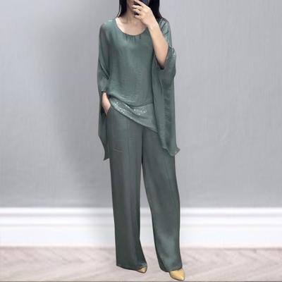 Women's Casual Suit Splicing Top Wide Leg Pants Loose Outfit for Home Party