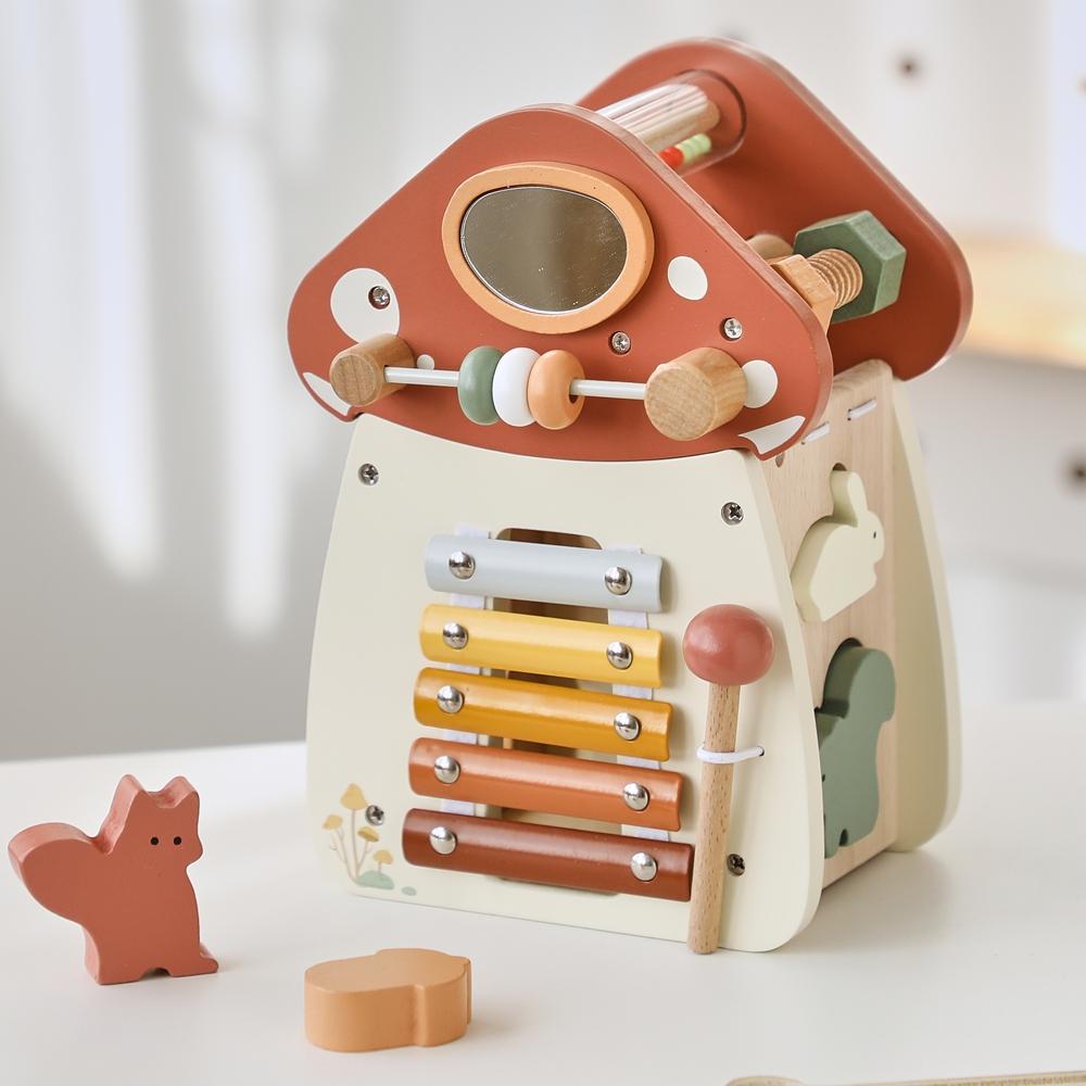 Baby Wooden Block Educational Wooden Building Block Mix Puzzle Toys Mushroom Five In One Table Toys Multifunctional Busy Toys