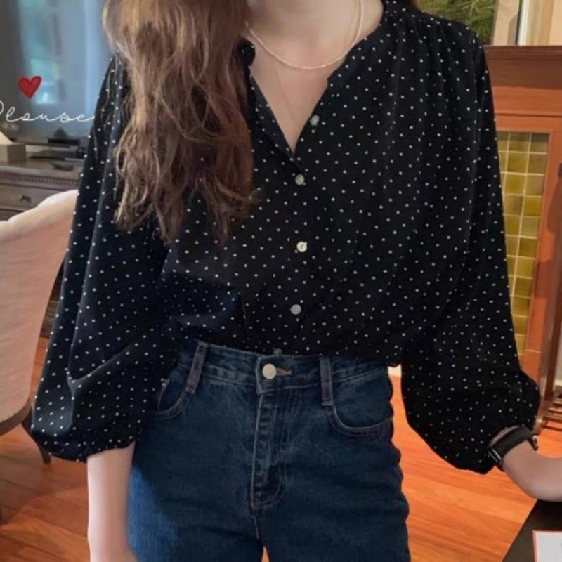 YYFS Women's Fashion Casual Spring Autumn Polka Dot Print Long Sleeve V-Neck Blouses & Shirts