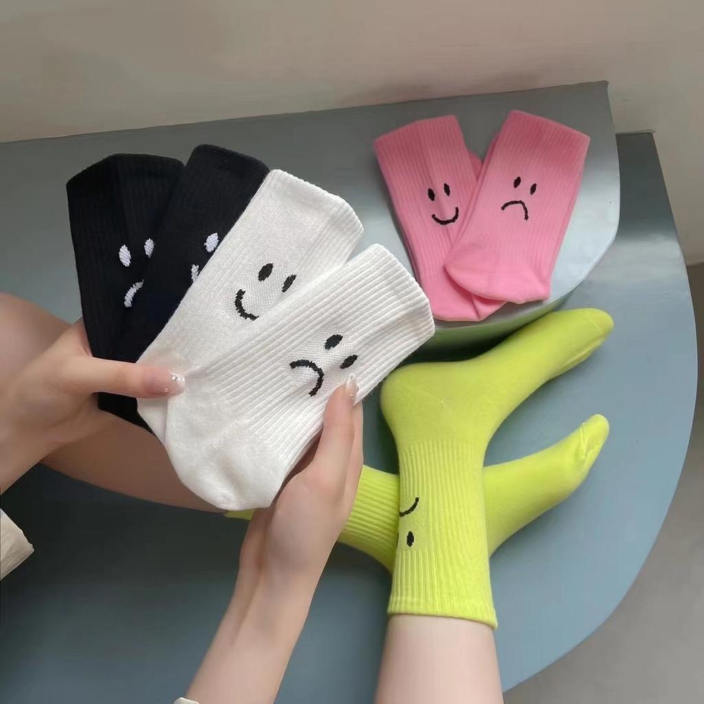Tide Brand Crying Smiley Face Socks Funny Street Sports Solid Color Couple Socks Tide Socks Pure Cotton Medium Tube Socks