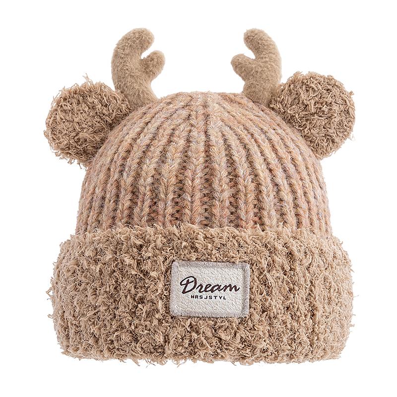 

Новая женская милая плюшевая теплая зимняя шапка из искусственного меха, молодежная модная вязаная шапка с оленьими рогами и ушками, милая элегантная зимняя шапка из меха для девочек 55cm-60cm хаки