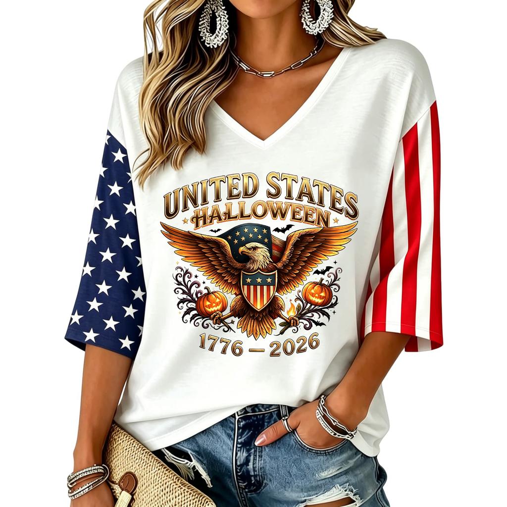Women's V-Neck Halloween Print Three-Quarter Sleeve Casual Blouse