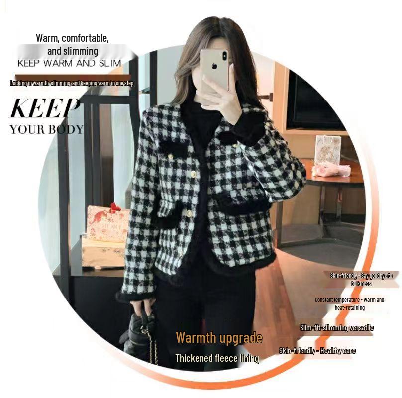 Women's French Chic Houndstooth Chunky Knit Coat - Warm, High-End Autumn/Winter Top with Raw Edges