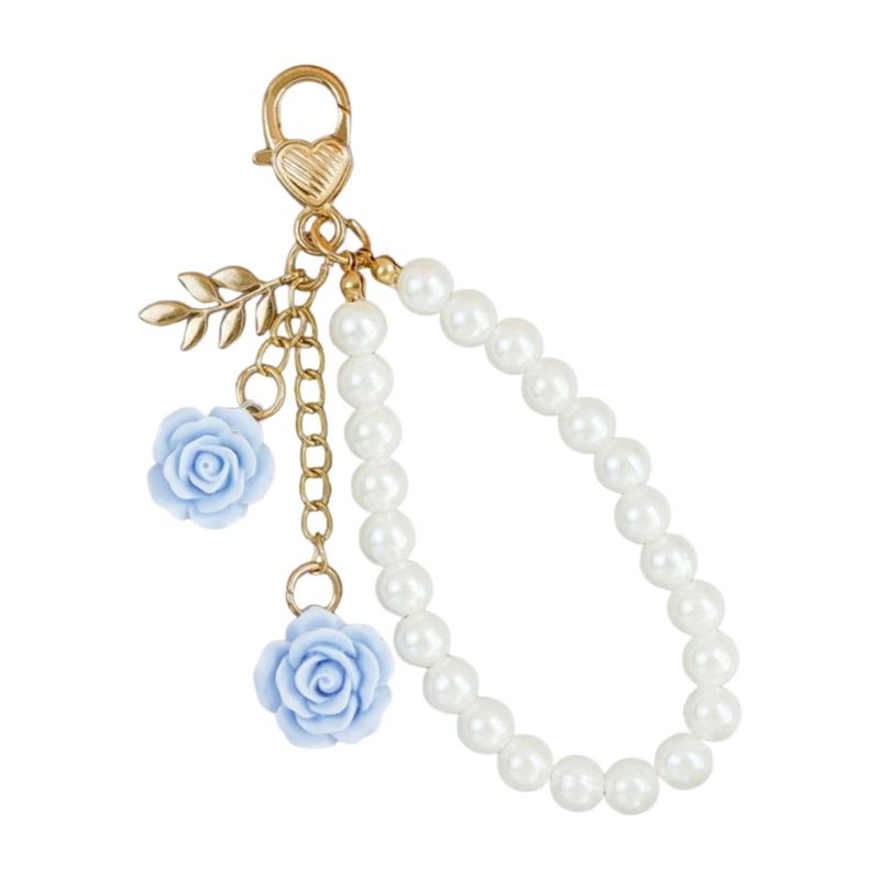 

Resin Flower and Pearls Chain Keyring Fashionable Rustproof Key Holder Stylish Bag Accessory Car Key Decoration небо синє кольору