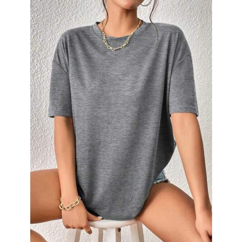 Tricou casual de damă de primăvară și vară, cu gât rotund, culoare uni, mânecă scurtă