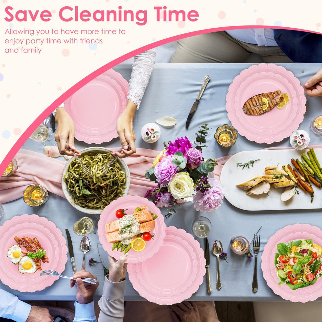100Pcs Thickened Scalloped Paper Plate Set 7/8.8'' Decorative Scalloped Dinner Plate Disposable Dessert Plate for Wedding Party