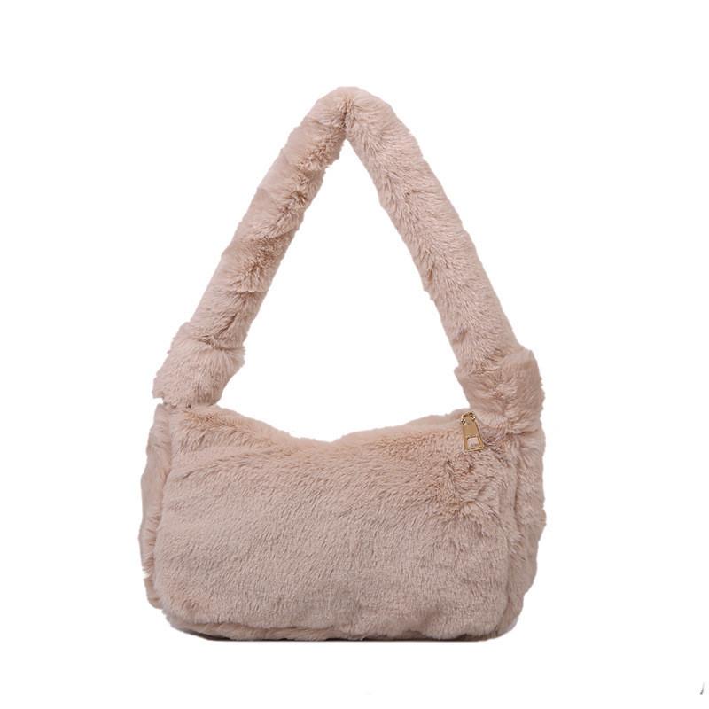 Cozy Fluffy Nylon Shoulder Bag For Girls Modern Casual Travel With Zipper Closure