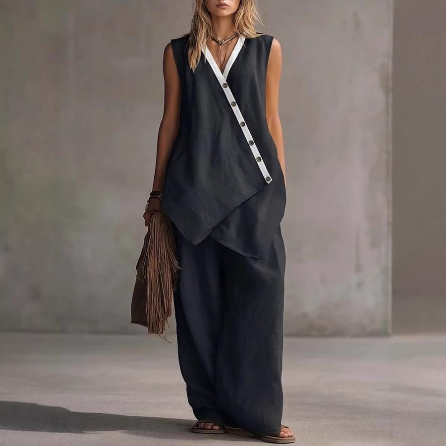 

Bohemian Summer V-Neck Asymmetrical Buttoned Vest Wide Leg Pants Casual Set S чёрный