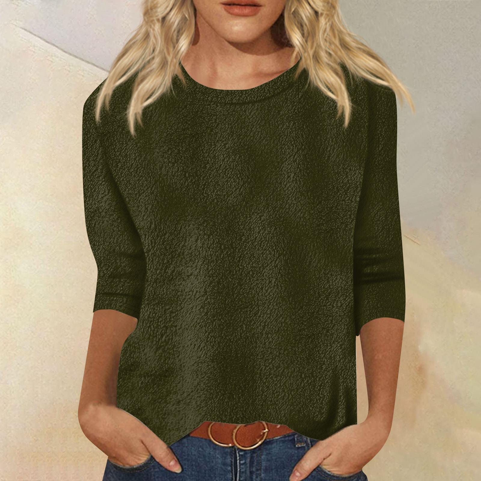 

Женский модный повседневный однотонный топ с круглым вырезом и рукавом семь четвертей L армия зеленый