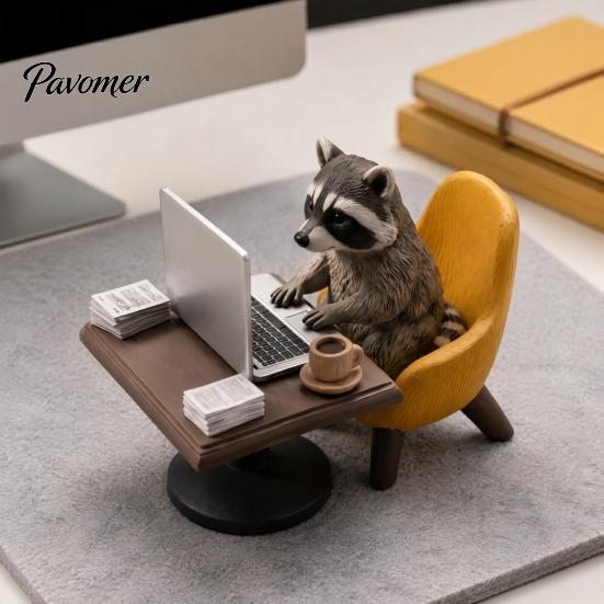 Office Decor Highland Cow/Raccoon Theme Ornament, Miniature Animal Desktop Decoration with Realistic Window Display Ornaments Laptop Coffee