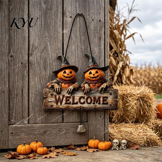 Spooky Home Entrance Decor Halloween Wooden Welcome Hanging Sign, Vintage Farmhouse Door Hanger with Skeleton Pumpkin Style Festive Ghost, Decorative