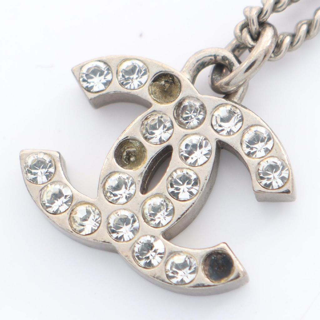 Used CHANEL COCO Mark F13V Necklace Stainless Steel Rhinestone Silver Clear Used