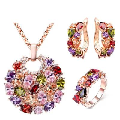 Exaggerated Crystal Jewelry Set: Colorful Necklace, Earrings, and Zircon Ring