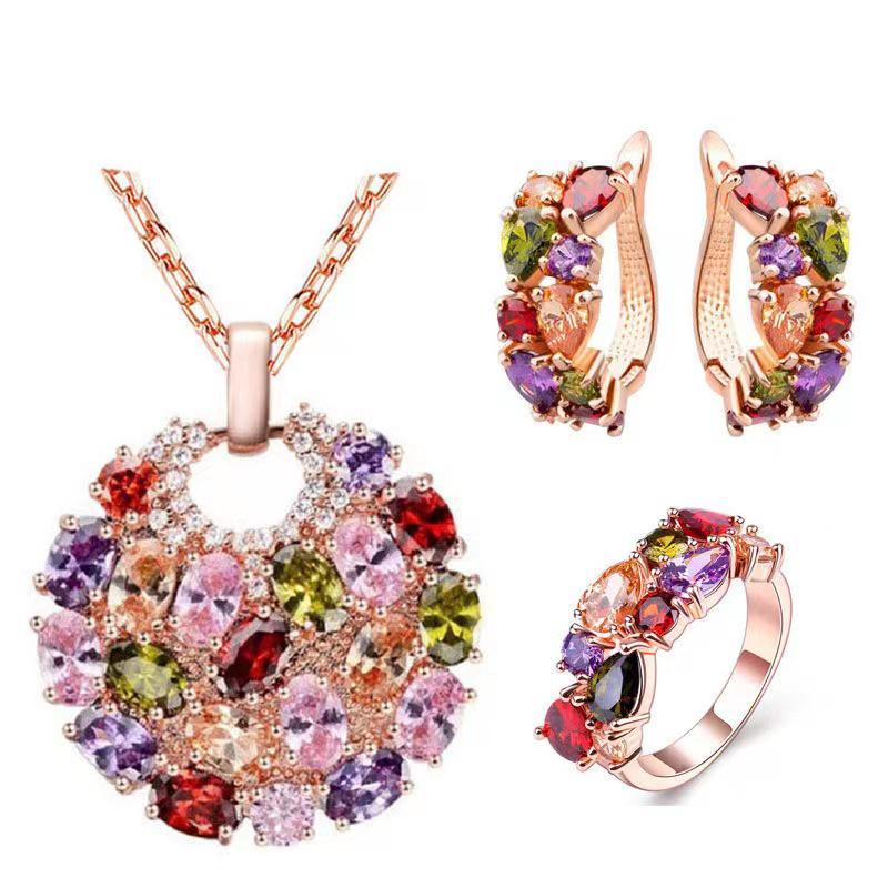 

Exaggerated Crystal Jewelry Set: Colorful Necklace, Earrings, and Zircon Ring