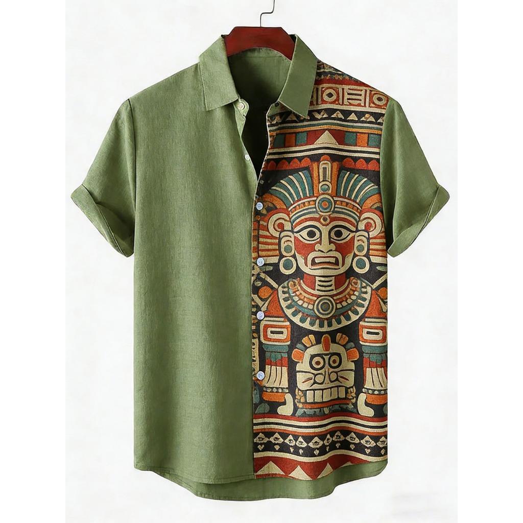 2026 Daily Men's Casual Short Sleeved Shirt with Natural Ethnic Pattern Printed Shirt Hawaii Beach Vacation Clothing