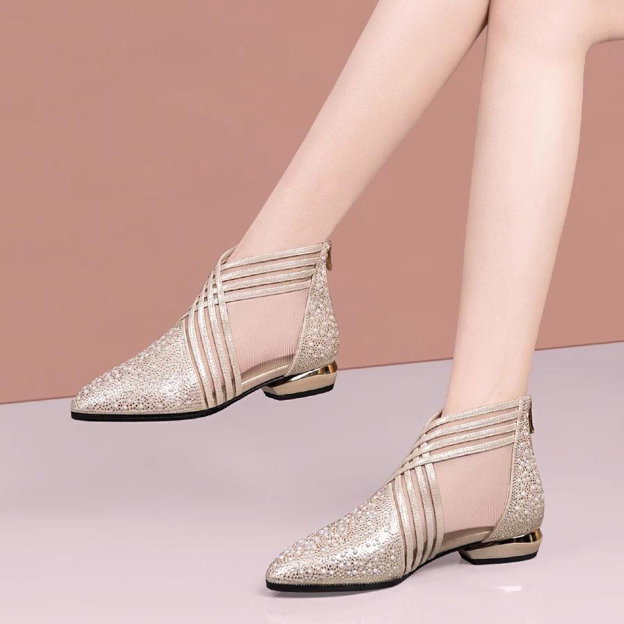 Jaro A Léto Silný Podpatek Taška Hlava Síťované Kozačky Střední Podpatek Dutá Síťovina Kamínky Perla Módní Sandály Dámské Sandály