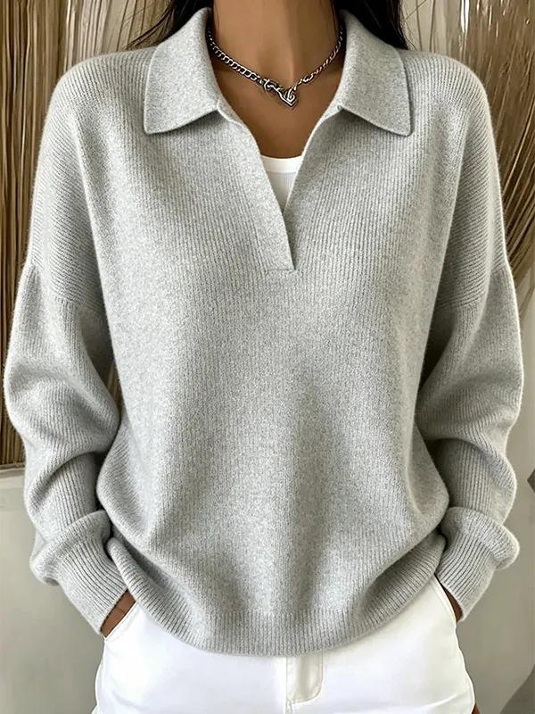 2026 European Ribbed Collar Knit V-Neck Polo Sweater: Spring/Autumn, Loose Fit, Slimming, Casual