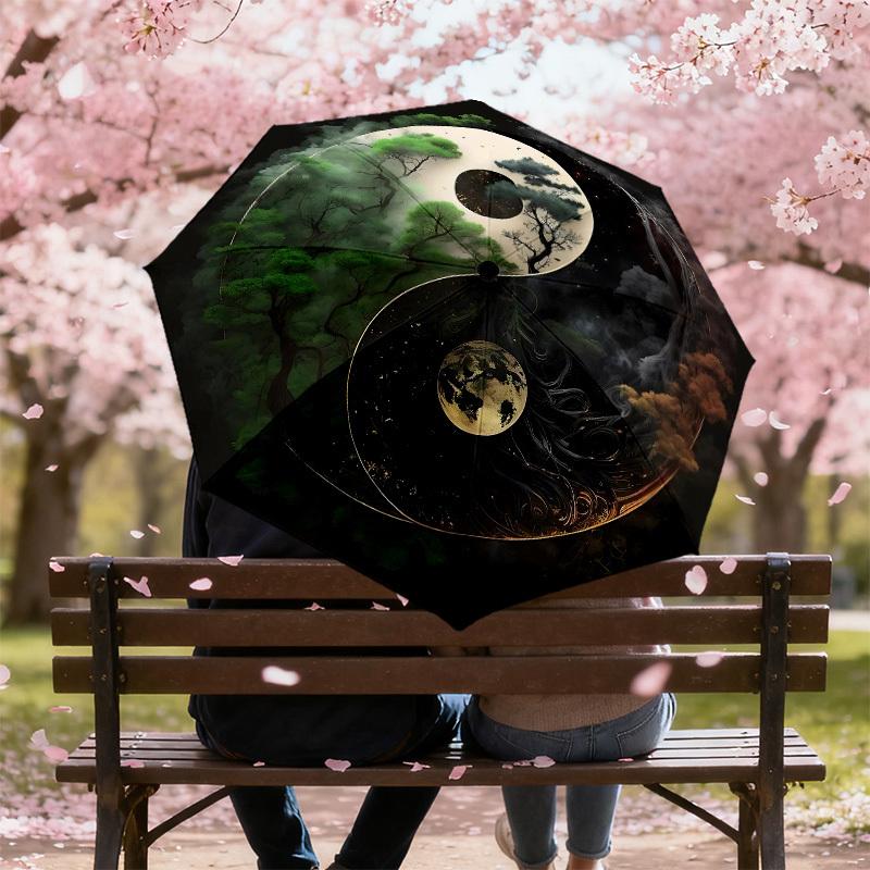 1PC Yin Yang Trees Automatic Open/Close Umbrella with Windproof, 8-Rib Sturdy Canopy, Durable Ribs, Fashionable Design, Outdoor Accessory, Fun Prin, H