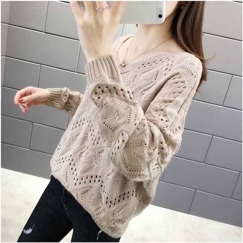 Plus Size Hollow-out Knit Women's Pullover Spring and Autumn V-neck Top Loose Outer Sweater