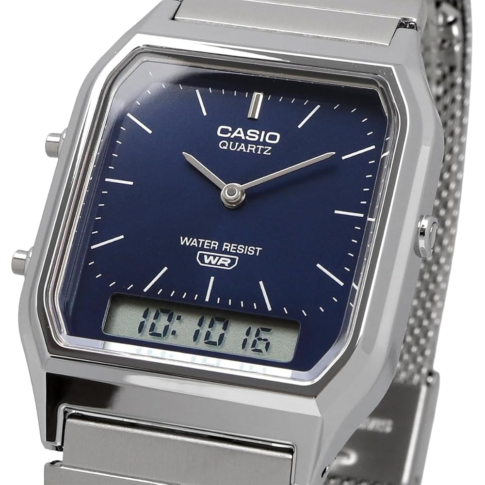 Casio Ana-Digi Vintage Series Quartz Watch AQ-230EM-2A Mesh Metal Band Unisex Dual Time Navy