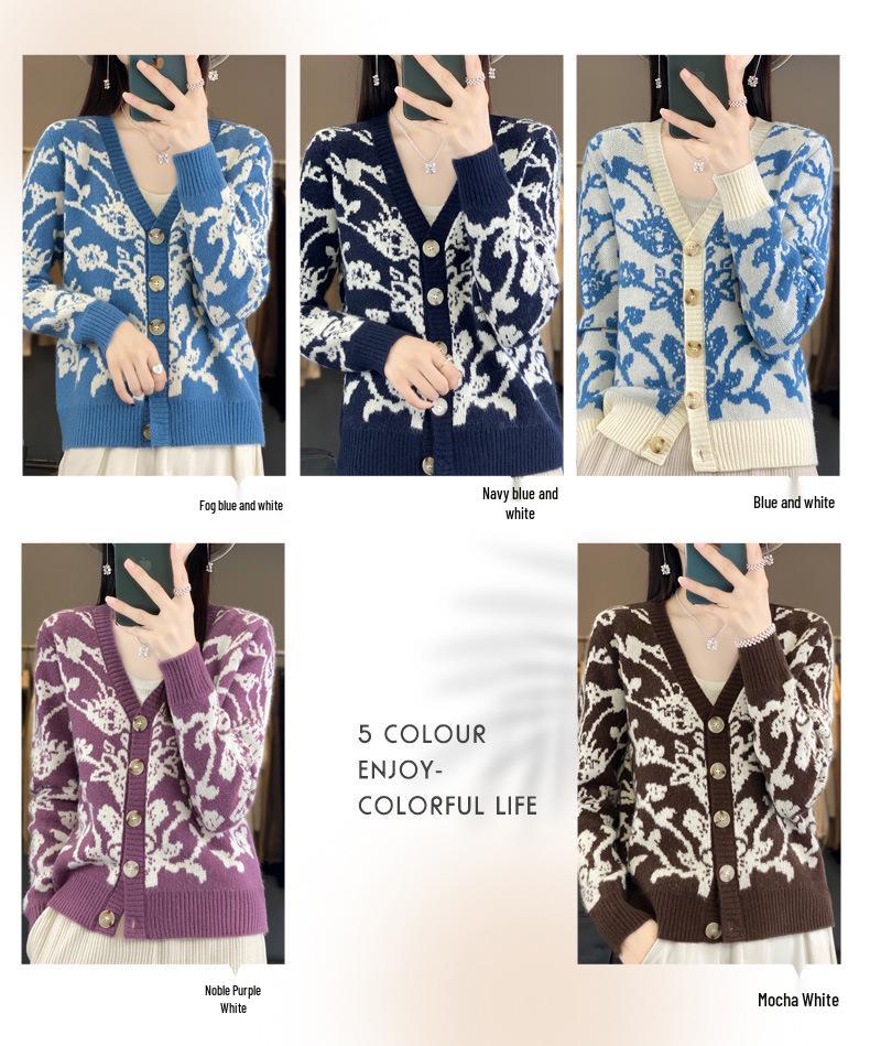 Blue & White Porcelain V-Neck Knit Cardigan - Women's Retro Jacquard Sweater with High-End Feel