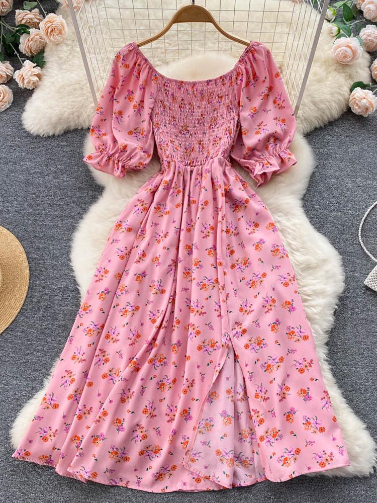 Begrenset Big Sale Dame Kjole Mote Romantisk Floral Print Splitt Lang Sommerkjole Puff Sleeve Party