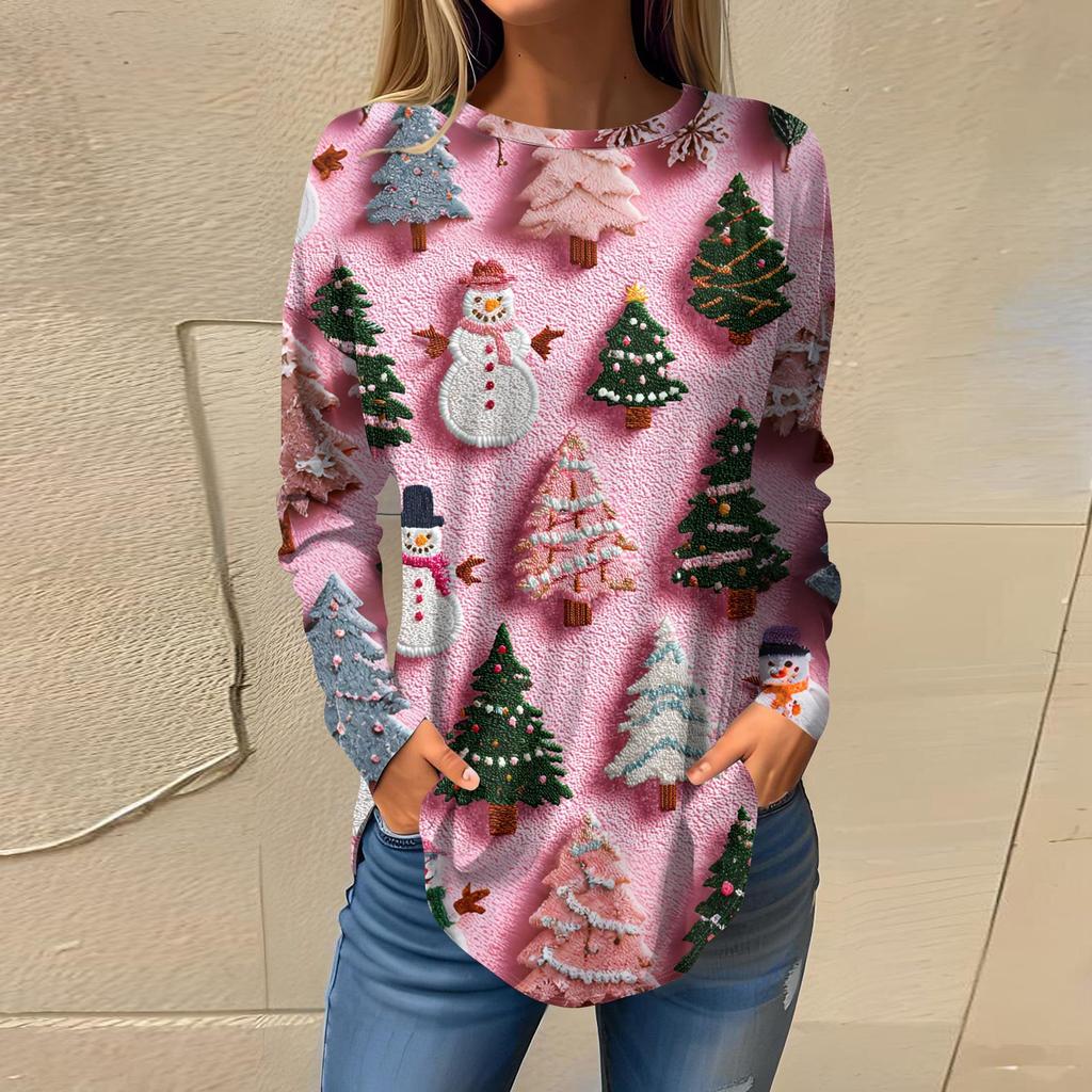 Tee Shirts For Women Casual Round Neck Long Sleeve Shirts Christmas Printing Top Pullover