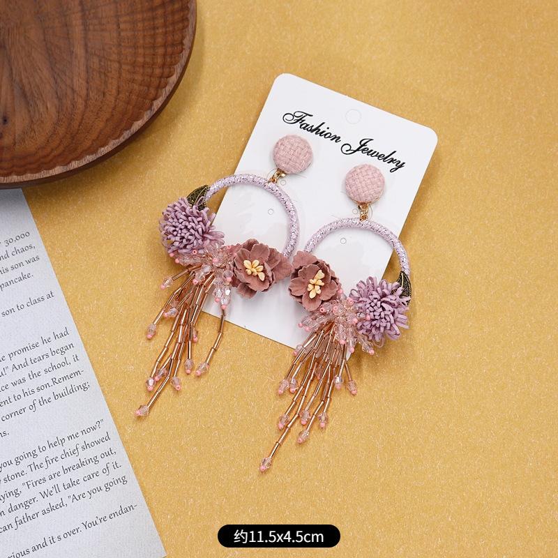 Bohemian Crystal Fringed Flower Large Circle Stud Earrings Women's Long Temperament Vacation Earrings Retro Earrings