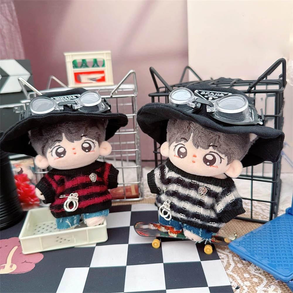 Niannyyhouse 10cm-15cm Plush Doll Clothes, Hat, Sweater, Jeans, Goggles, 17cm Doll Clothes, Dress-Up (Black)