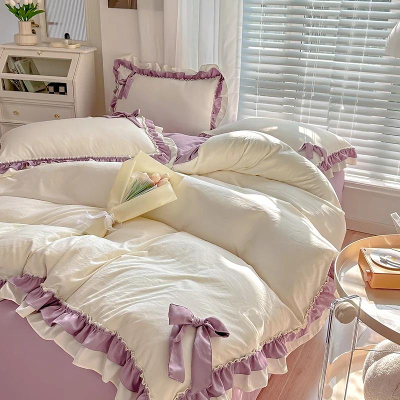 Korean Princess Style Bedding Set Girl Heart Solid Color Double Bed Sheets Washed Cotton Ruffled Bed Cover Skirt Sheet Quilt Set