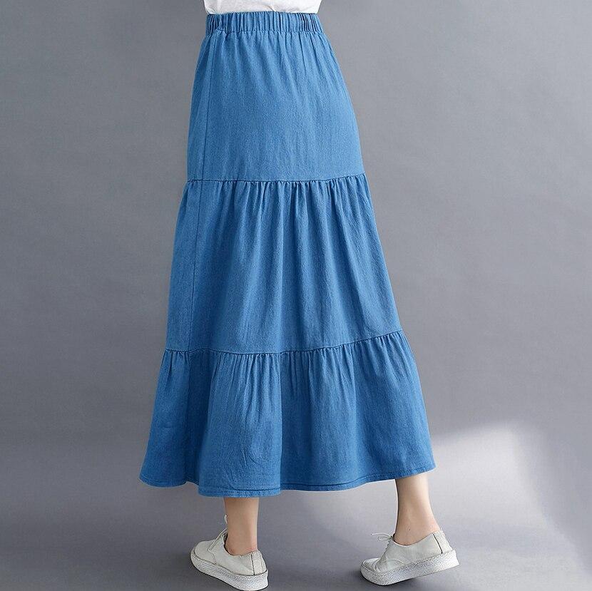 Qooth Fustă Denim Elegantă Casual cu Volane, Lungime Glezne, cu Talie Elastică pentru Primăvară Vară QT2211